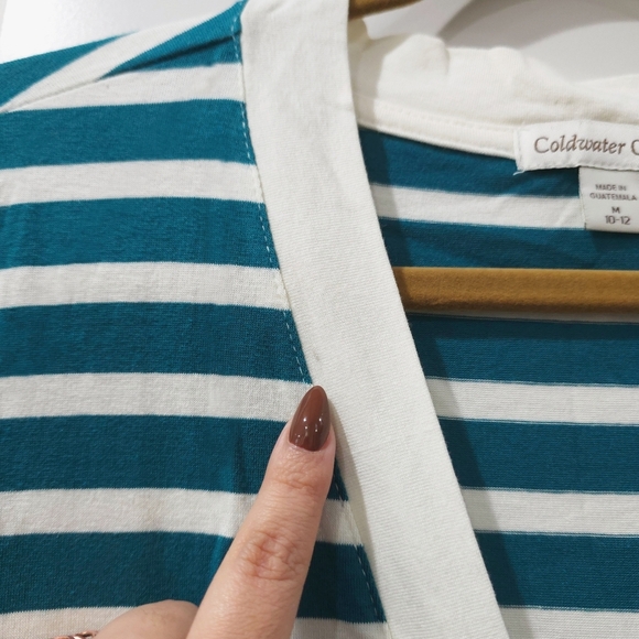 COLDWATER CREEK Teal & Cream Striped Single Button Cardigan, Supima Cotton Blend - Picture 3 of 13